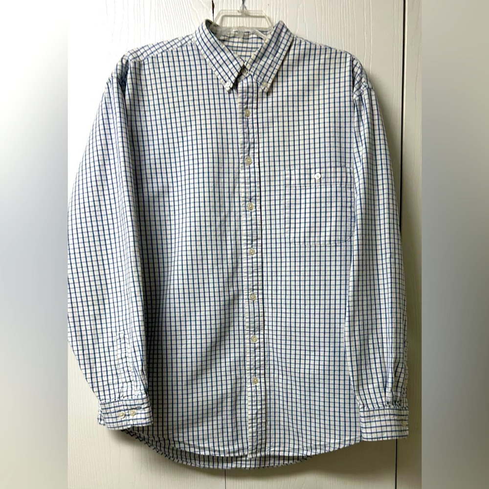 Eddie Bauer Men's White and Blue Plaid Shirt